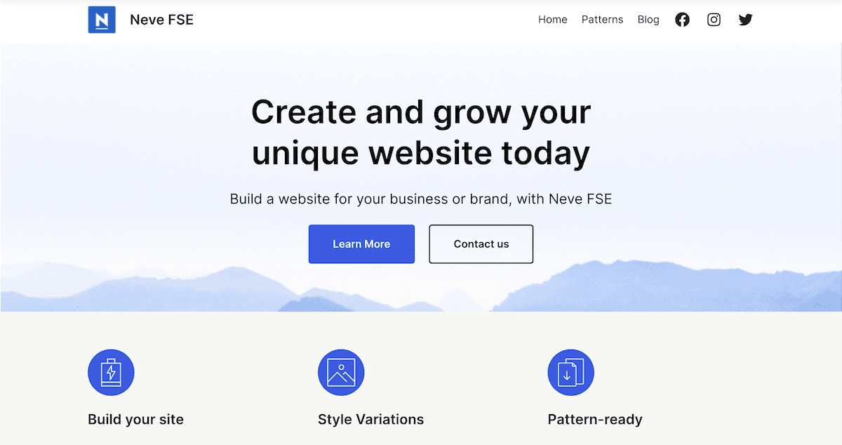 The Neve FSE theme site. The header includes navigation links, and the main content features a headline (“Create and grow your unique website today”) with a subheading and two Call To Action buttons. Below are three feature icons for building sites, style variations, and pattern-readiness.
