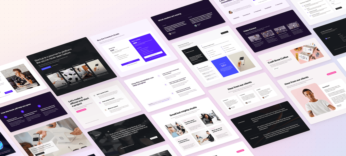 An array of website design mockups and UI components displayed in a grid layout from the Ollie theme. It showcases various elements such as headers, content sections, image galleries, and Call To Action buttons in dark, light, and colorful themes.