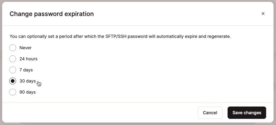 Escolhendo um período de expiração para senhas de SFTP/SSH.