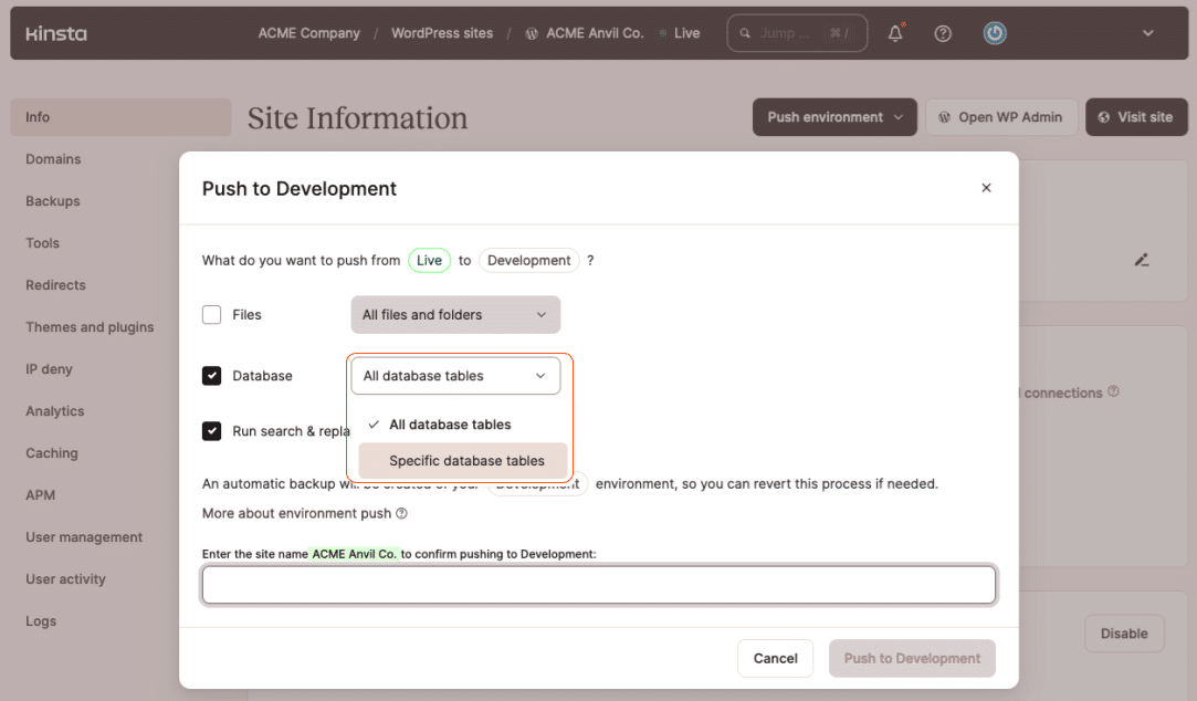 Screenshot of the dialog used to select which assets will be deployed during a Selective Push from Live.