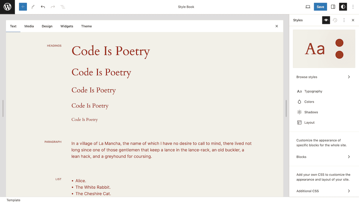 The WordPress Style Book interface, showing typography options for a website. The text "Code Is Poetry" is displayed in various sizes to demonstrate different heading styles. A paragraph of sample text and a bulleted list are also shown. The right-hand sidebar offers options to customize typography, colors, shadows, and layout.