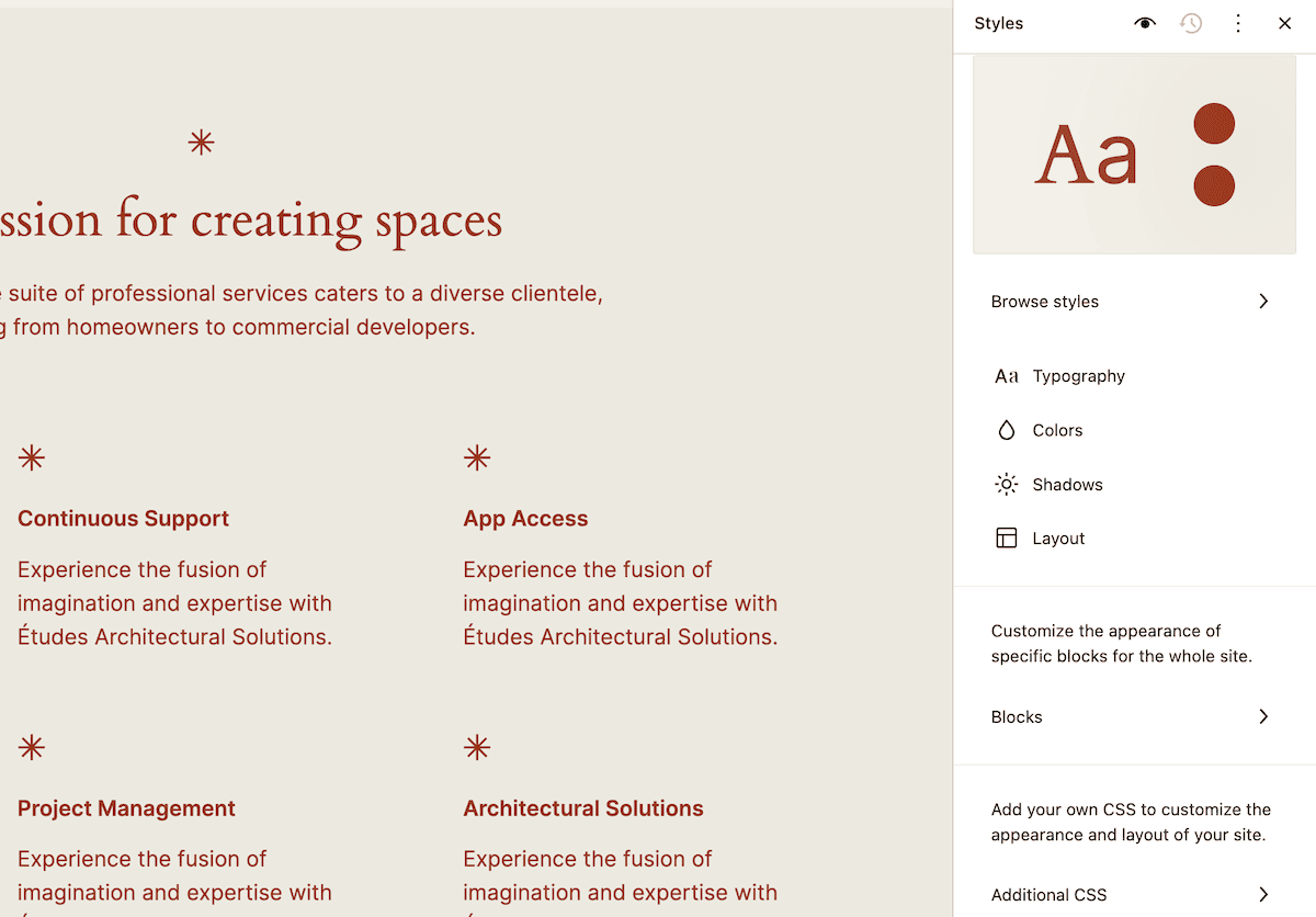 A close-up of a website design within the Site Editor showcasing services offered by an architectural firm. The right-hand sidebar shows style customization options for typography, colors, shadows, and layout.