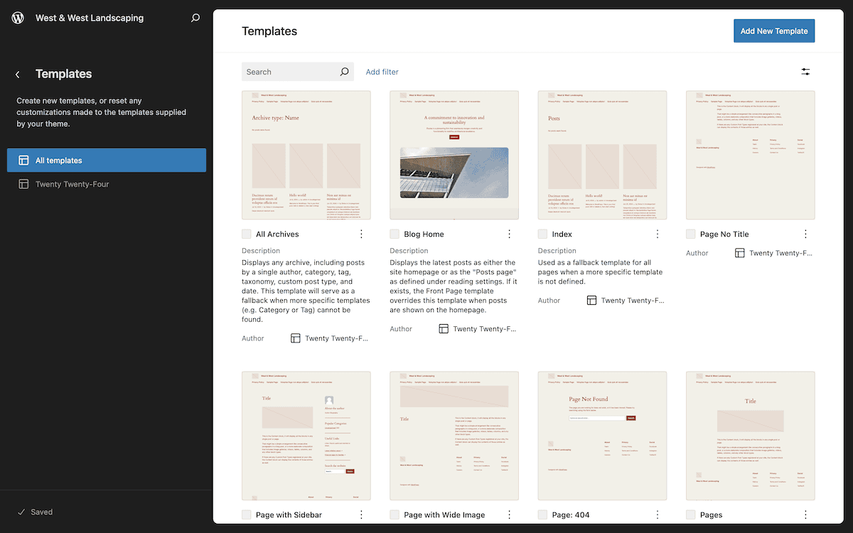 The WordPress Templates management interface within the Site Editor. It displays various page templates such as All Archives, Blog Home, Index, and Page No Title with thumbnail previews and descriptions for each template.