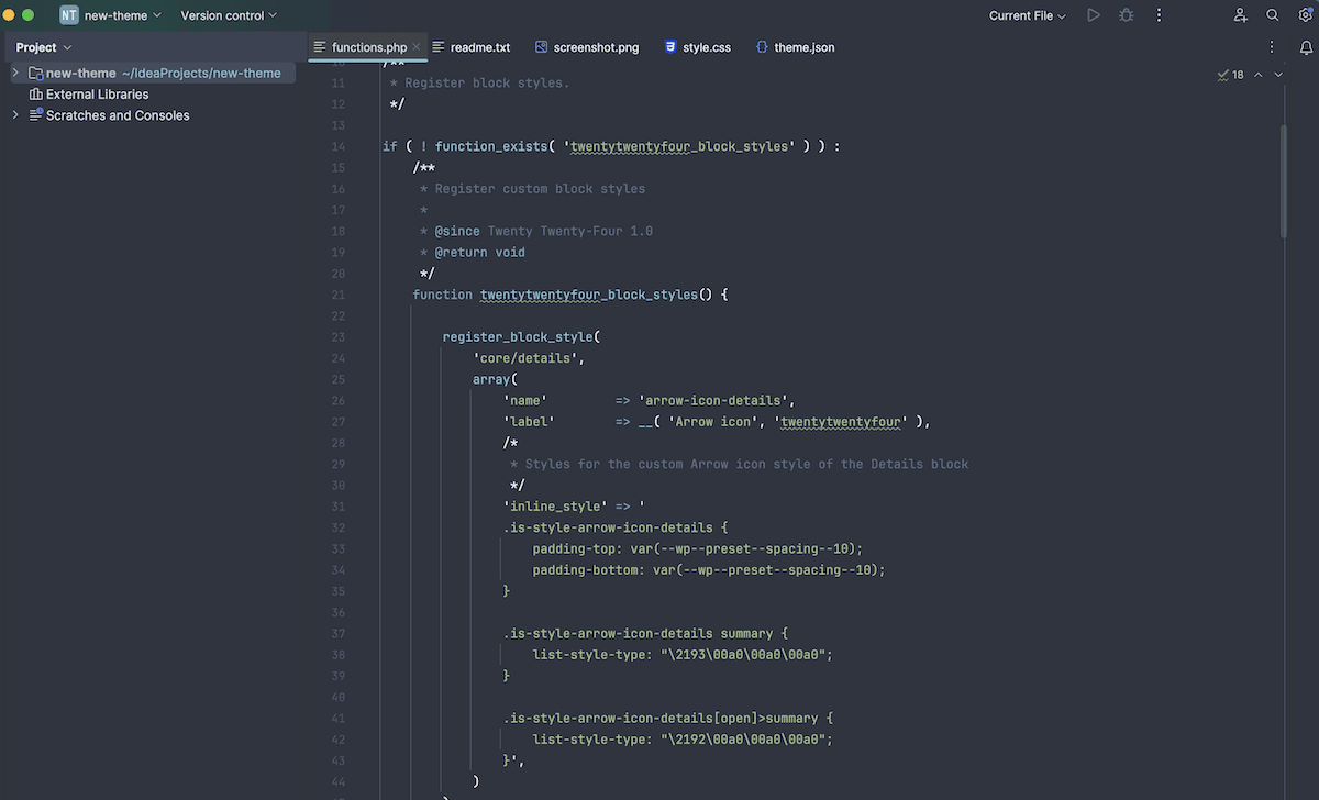 A code editor window showing PHP functions for registering custom block styles in WordPress. The code defines styles for an arrow-icon-details block, including CSS properties for padding and list-style-type.
