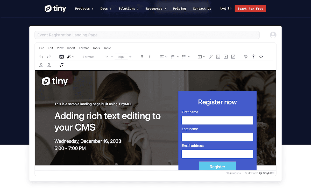 The TinyMCE rich text editor interface integrated into a website. It shows a sample event registration landing page with editing tools, and a form for users to register for an event.