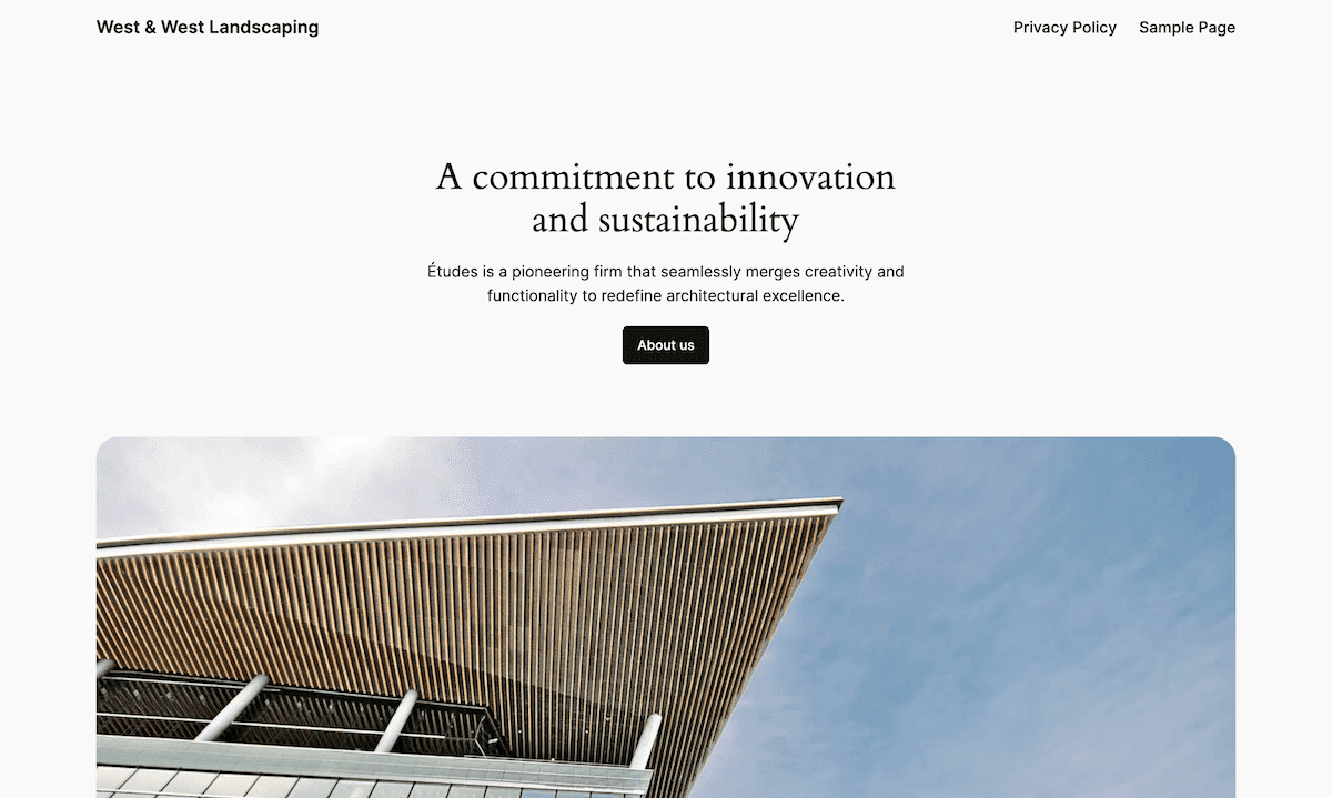 The Twenty Twenty-Four theme home page, displaying a hero section including a large architectural image of a modern building with a distinctive slanted roof covered in wooden slats. The header includes navigation links for a Privacy Policy and a Sample Page.