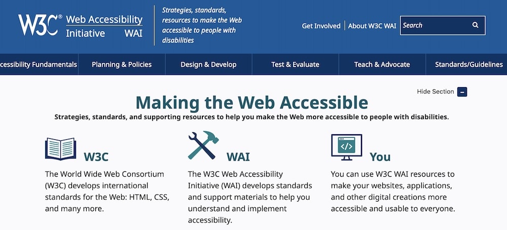 De website van het W3C, de thuisbasis van het Web Accessibility Initiative.