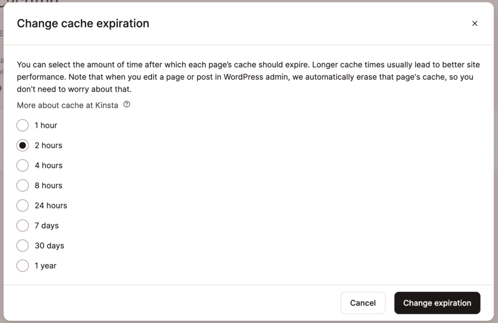 Screenshot of the page cache expiration options in MyKinsta.