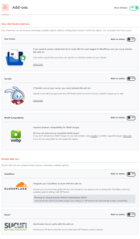WP Rocket add-ons