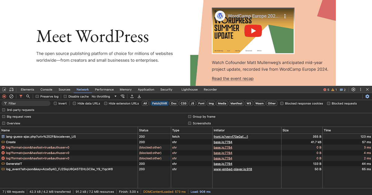 The Brave browser’s DevTools interface, showing the WordPress website at the top. This includes text describing it as "The open source publishing platform of choice for millions of websites worldwide" and a video thumbnail about WordCamp Europe 2024. The developer console shows XHR requests for the site.
