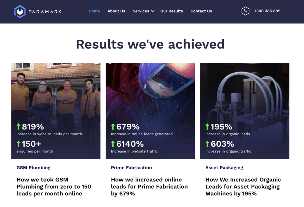 A section of Paramark's website showcasing dramatic business results achieved for clients, including increased leads and website traffic, highlighted with statistical growth percentages.