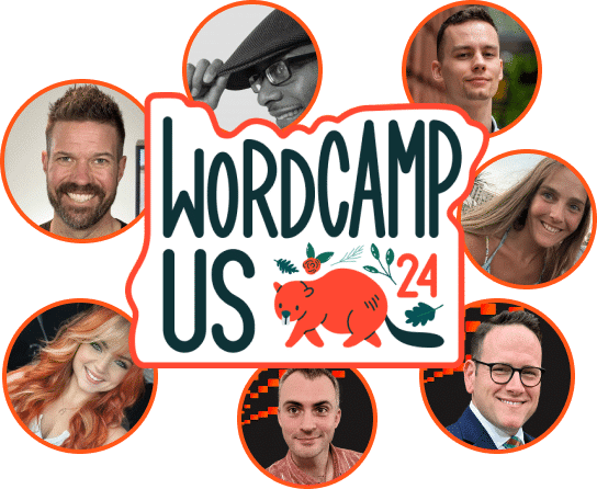 The WordCamp US 2024 logo with images of some Kinsta staff who will be attending