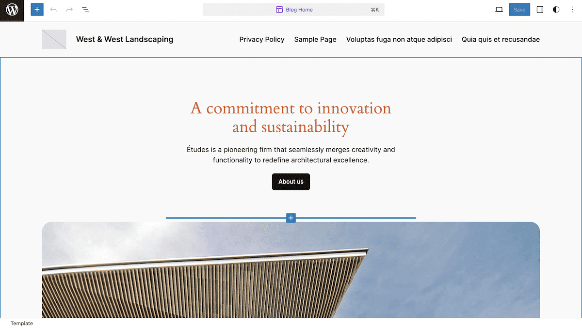 The WordPress Site Editor showing a site home page including a header image of a modern architectural structure. The main content displays the text "A commitment to innovation and sustainability" in an orange-red color.