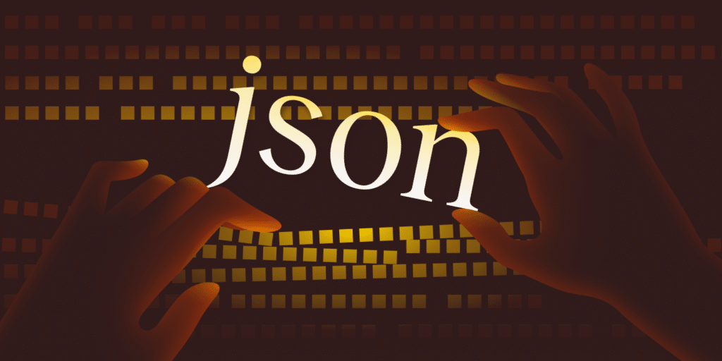 An illustration representing JSON data and featuring hands typing on a keyboard.