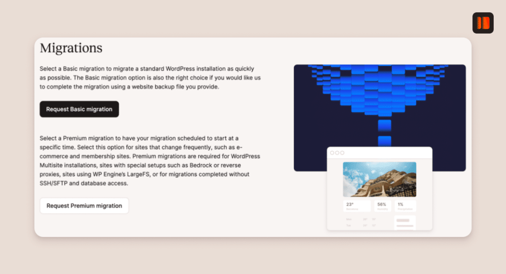 Screenshot showing the interface for choosing basic or premium WordPress migrations.