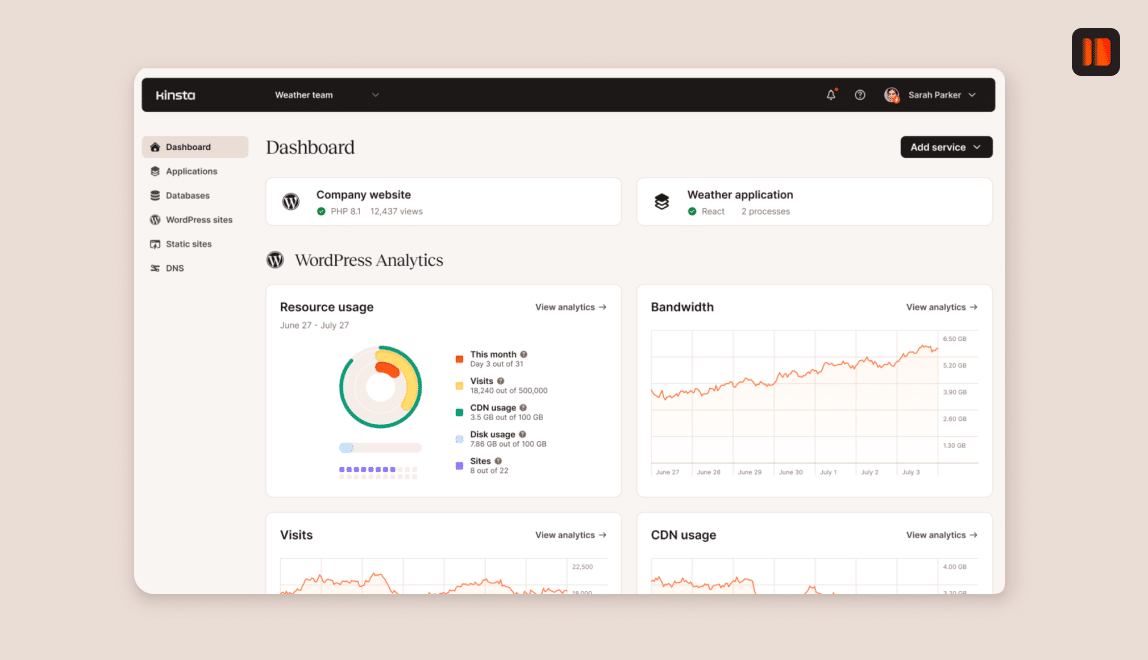 O painel MyKinsta mostra várias tabelas e gráficos com base nos dados do site.