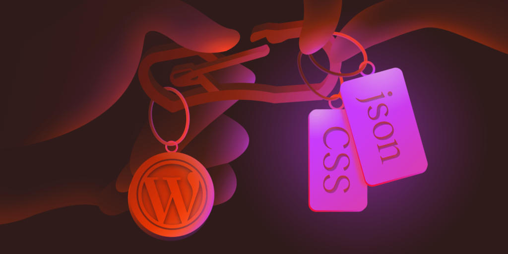 Illustration showing a key ring with three attachments, one with the WordPress logo, one with the letters CSS and one with the letters JSON.