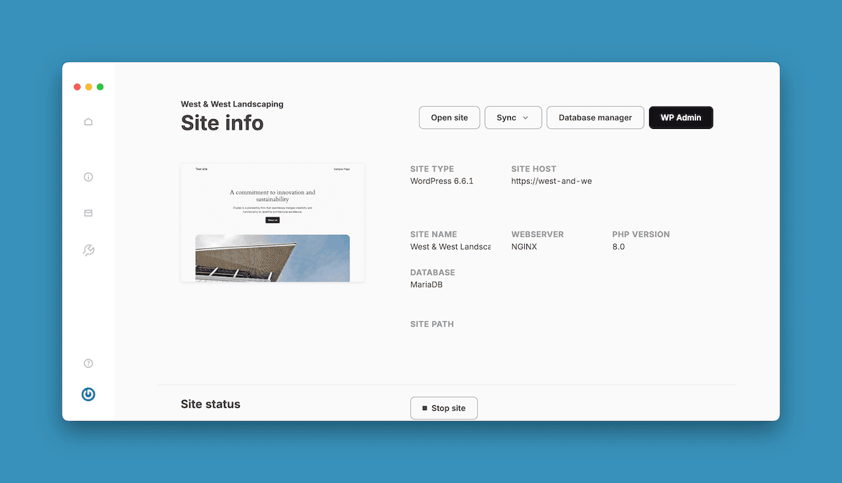 The Site info dashboard within DevKinsta. It displays technical details such as WordPress version, web server, and database type, along with options to manage the site.