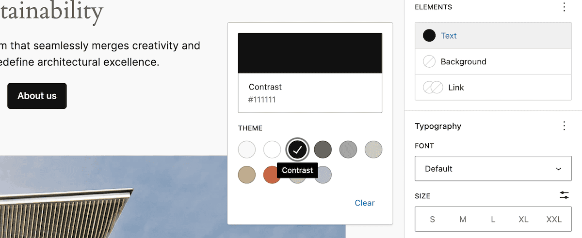 Un primer plano de la interfaz del selector de color de Elementos de Texto. Muestra una selección de muestras de color con códigos de color hexadecimales, con el color Contraste establecido como opción principal.