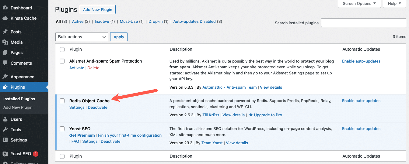 Skærmbillede, der viser indgangen til Redis Object Cache-plugin'et i WordPress admin-dashboard.