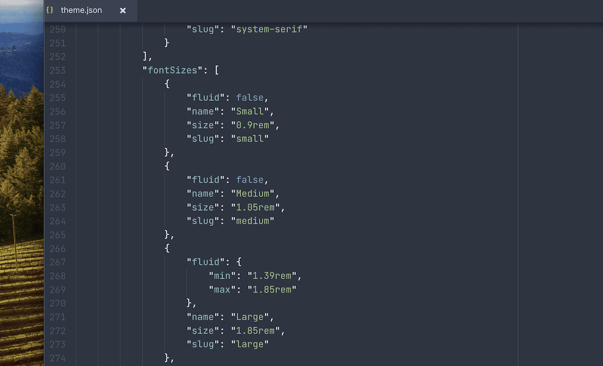 Una vista ravvicinata di un editor di codice che mostra parte di un file theme.json di WordPress. Il codice visibile definisce le dimensioni dei caratteri, tra cui Small, Medium e Large con le rispettive dimensioni in unità rem. La dimensione Large include un'impostazione di tipografia fluida. L'editor utilizza un tema scuro con evidenziazione della sintassi su uno sfondo di foresta sfocato.