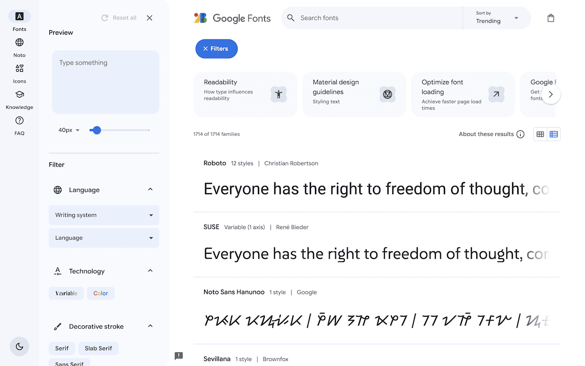 Il sito web di Google Fonts mostra le anteprime dei font e le opzioni di filtraggio. Il testo dell'anteprima recita: 