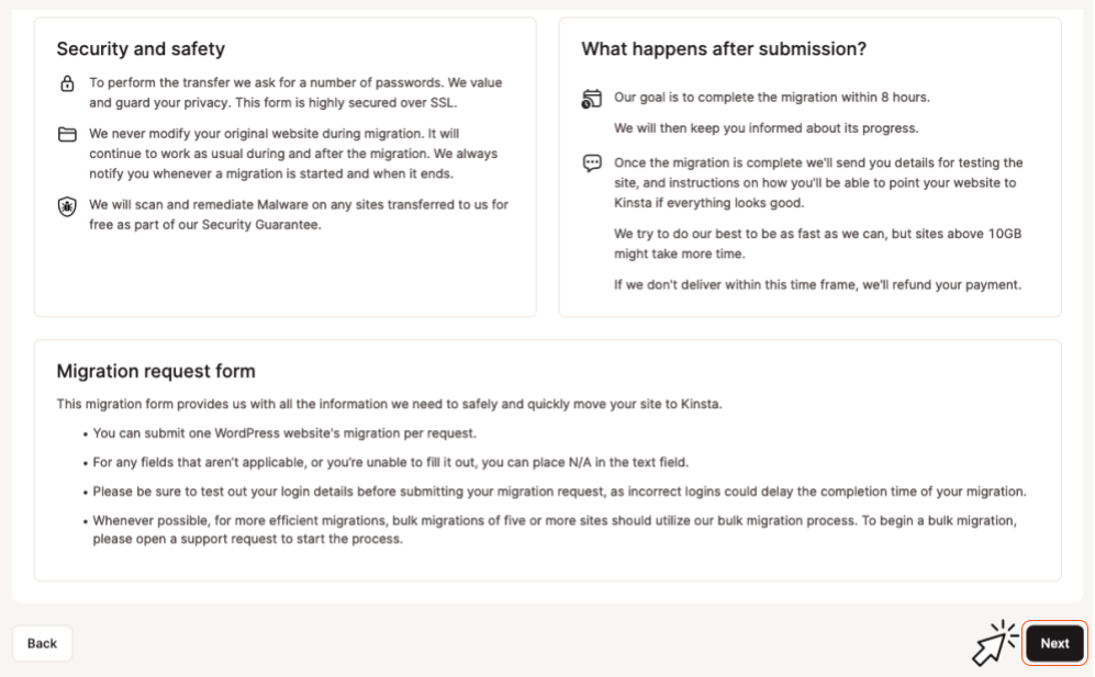 Screenshot showing the instructions related to the Expedited Migration option currently selected on a web form.