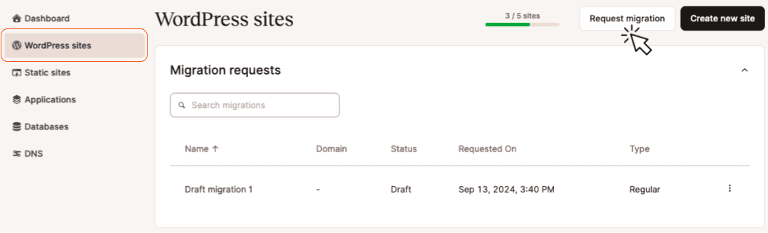 Screenshot showing the start of a WordPress site migration request in MyKinsta.