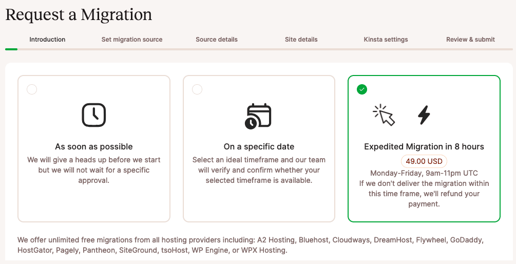 Screenshot of the migration request form in MyKinsta with the Expedited Migration option highlighted in green.