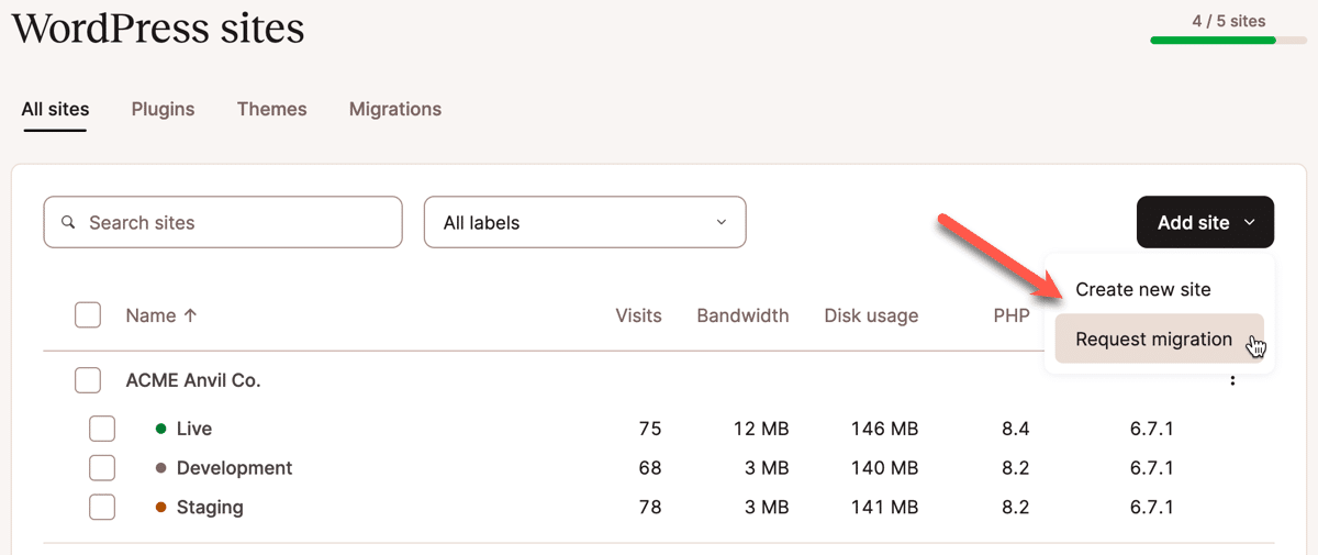 Screenshot showing a migration request in MyKinsta while adding a new site.