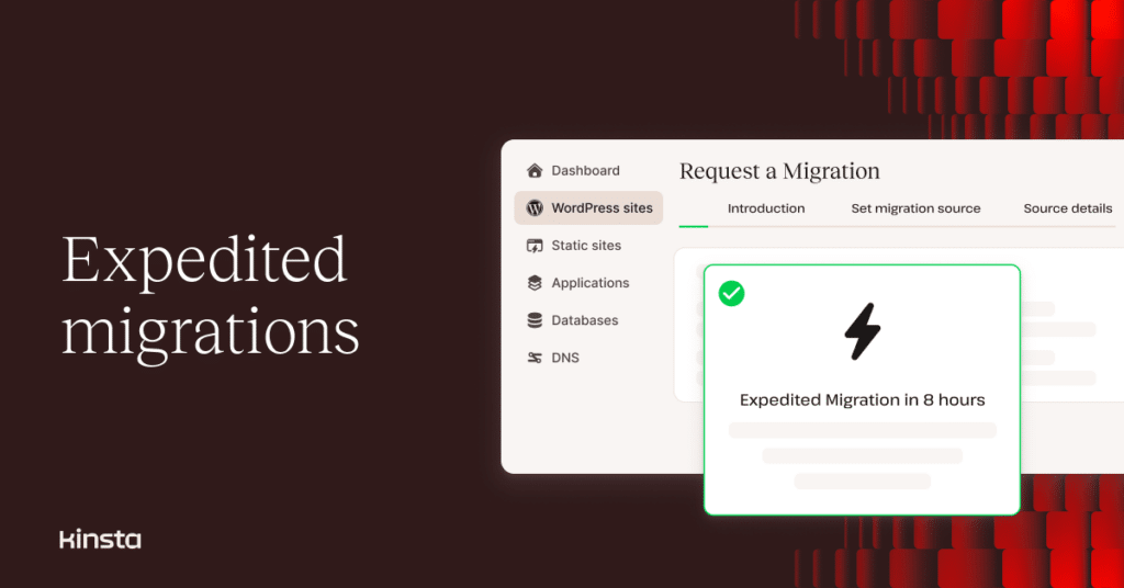 An illustration representing Kinsta's site migration dialog in MyKinsta, with the text 'Expedited migrations.'