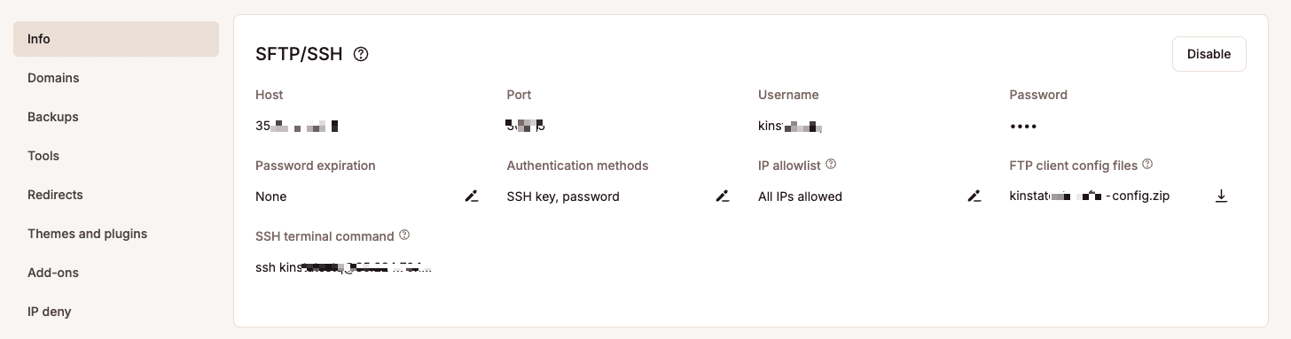 Detalhes das informações de SFTP/SSH no MyKinsta.