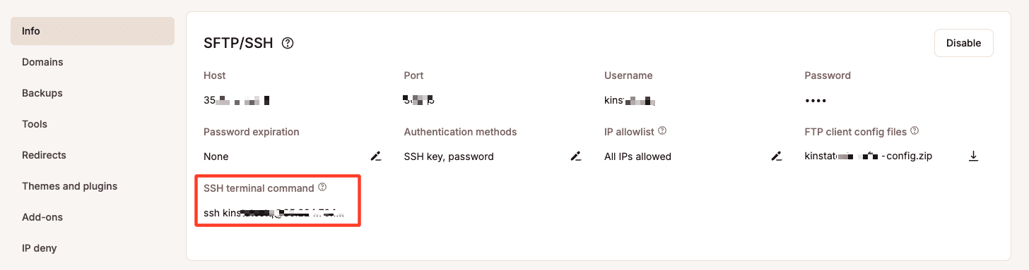 Comando do terminal SSH MyKinsta.