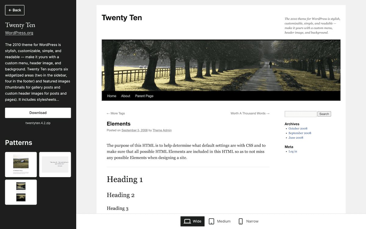 The WordPress.org theme preview for "Twenty Ten" displaying a scenic header image of a tree-lined path. The left-hand sidebar shows theme information and download options, while the main area presents sample content and layout.