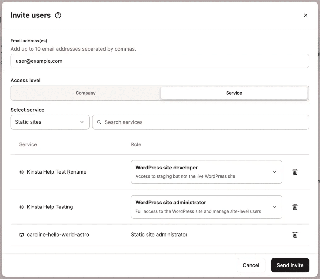 Choose the services and user roles you want your user to access