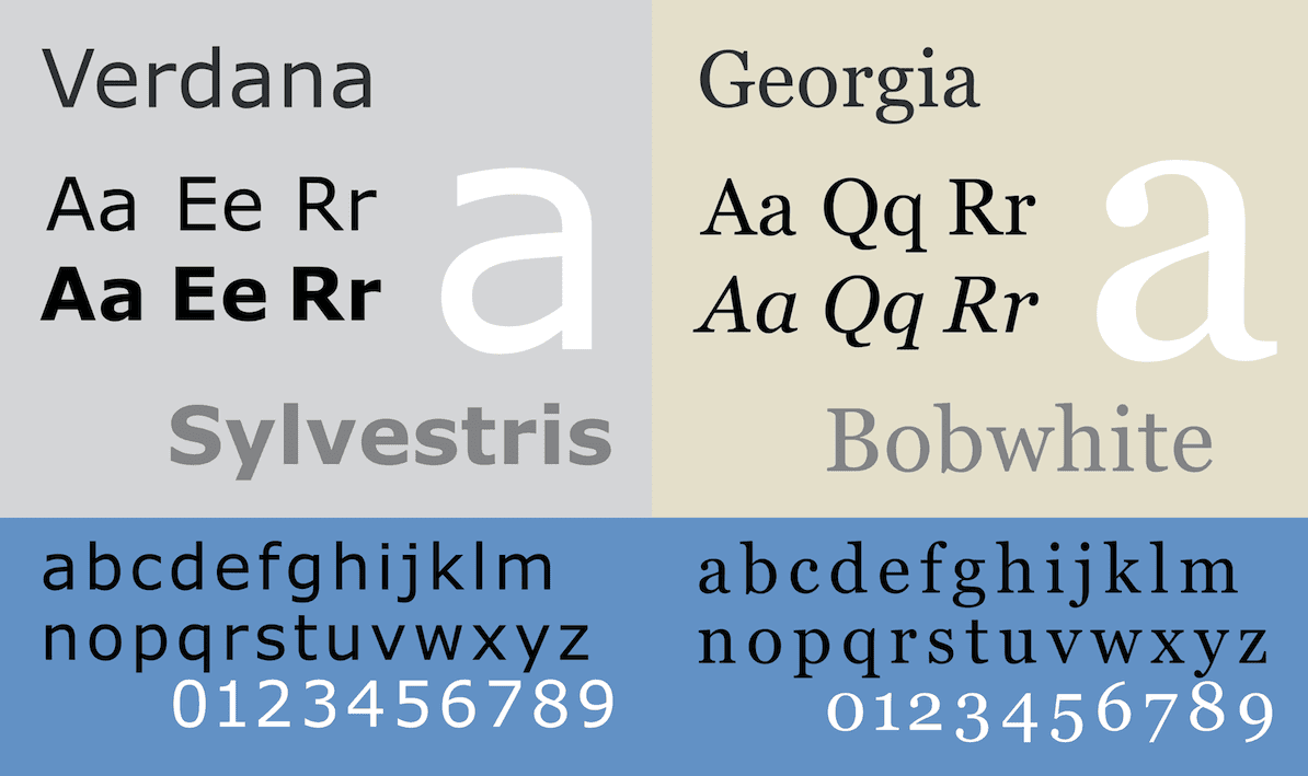 Comparaison de deux polices de caractères à empattement, Verdana et Georgia. L'image montre des lettres majuscules et minuscules - ainsi que des chiffres - dans les deux polices. La Verdana apparaît plus condensée et géométrique, tandis que la Georgia a des empattements plus prononcés et un aspect légèrement plus traditionnel.