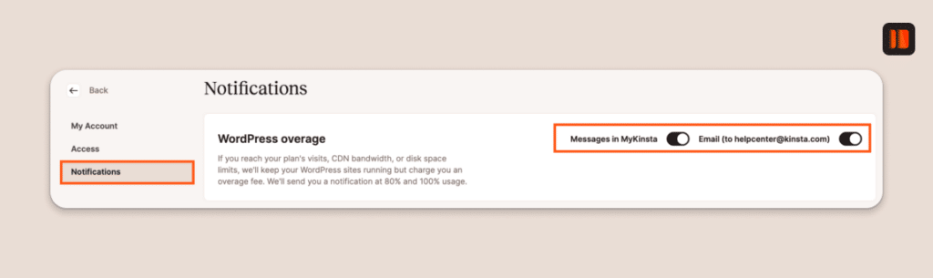 Enable or disable overage notifications for your WordPress sites.