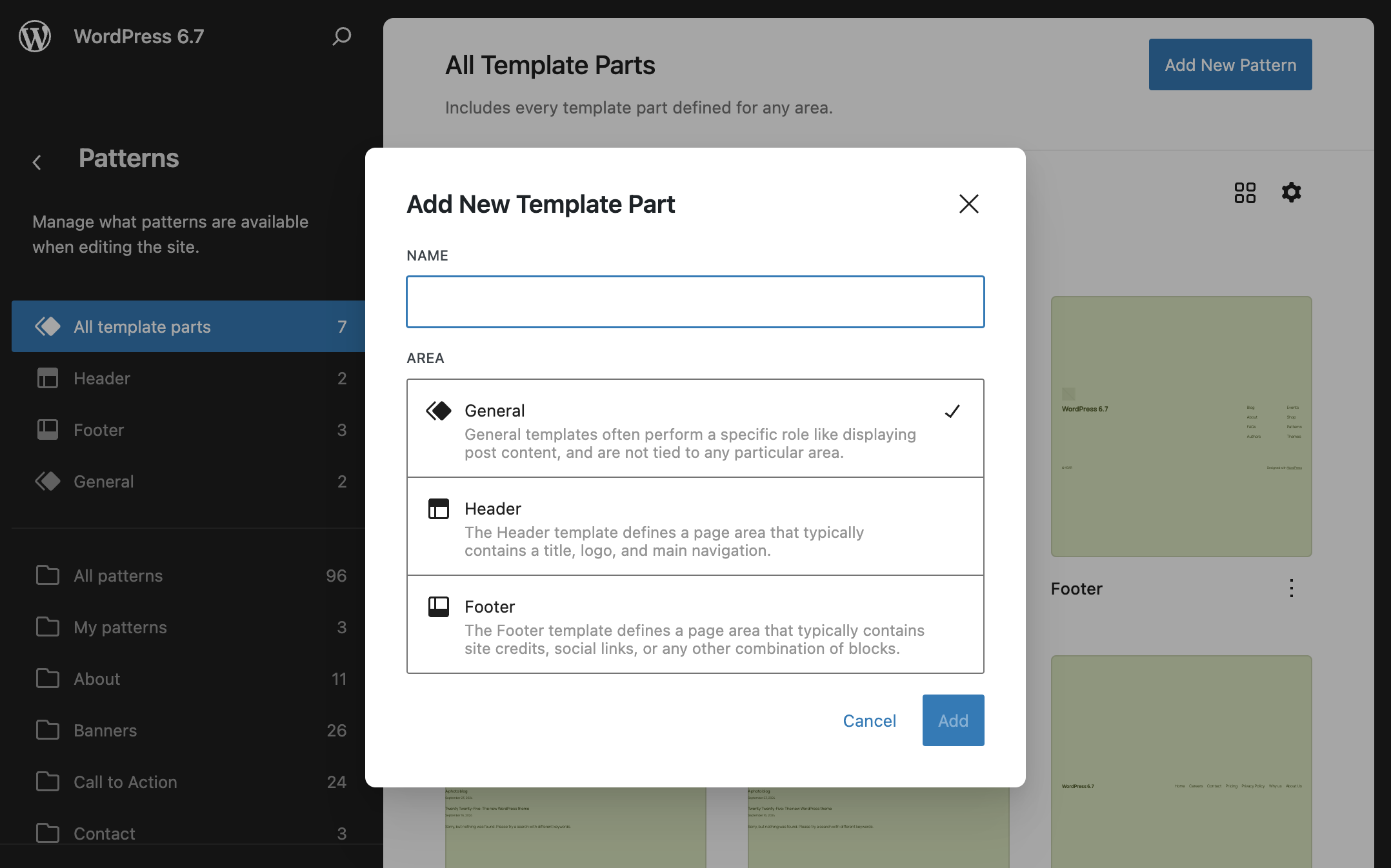 Add new template part in WordPress 6.7