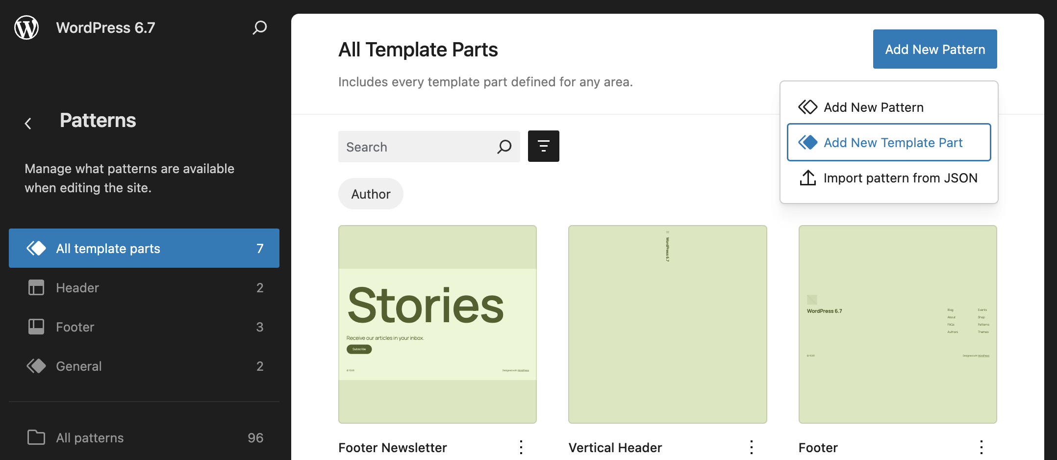 Add new template part in WordPress 6.7