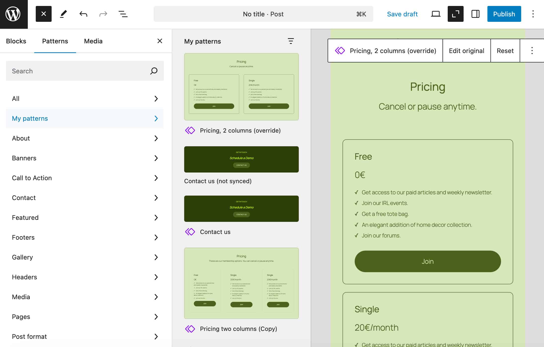 Select pattern in the Post editor