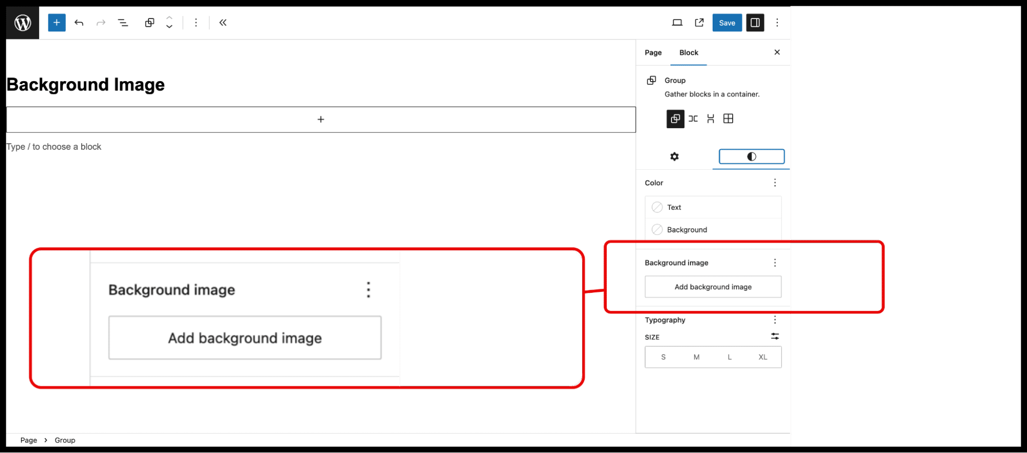 The resulting UI which allows users to add a background image to a group block