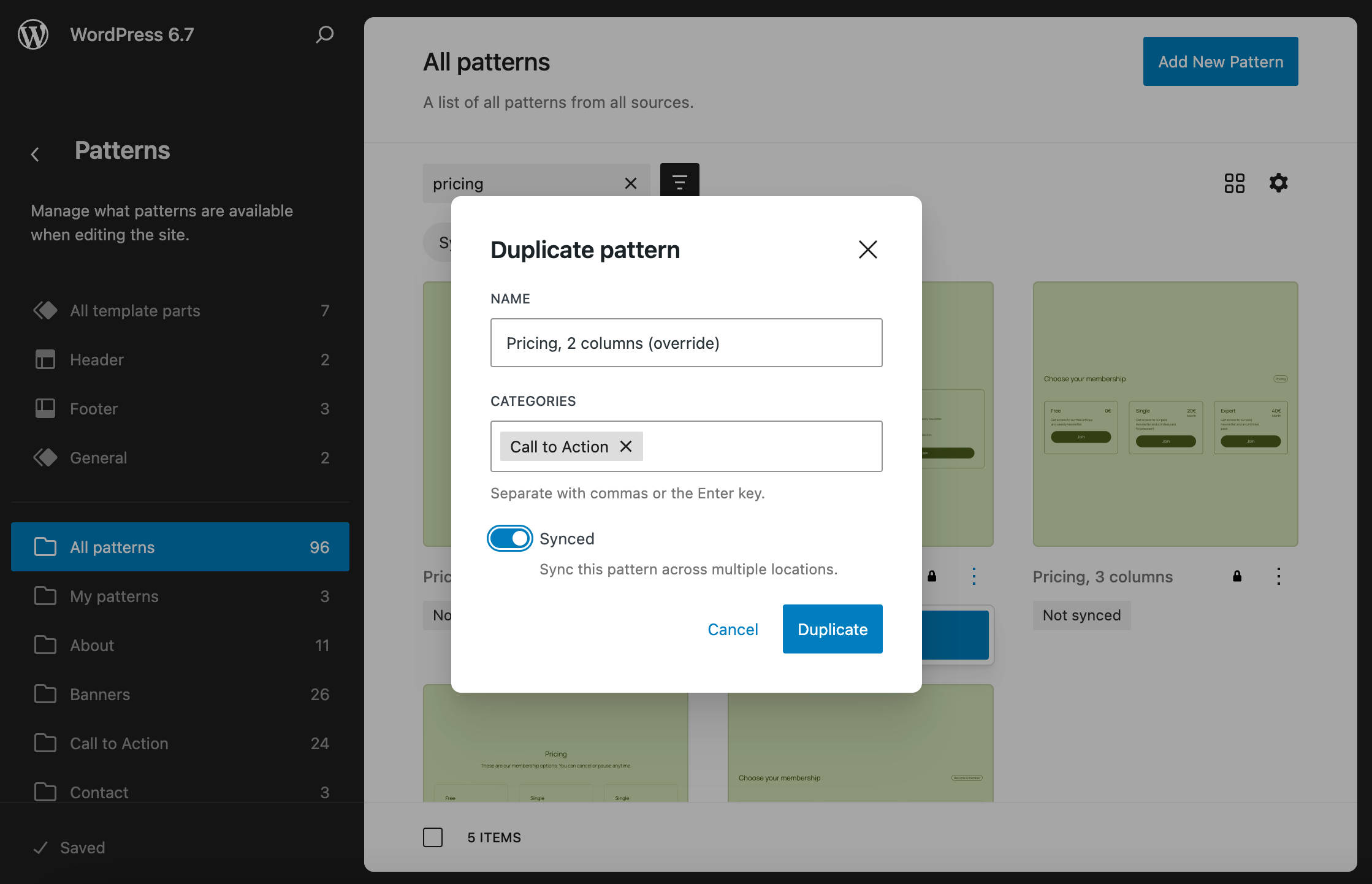 Duplicate pattern in WordPress 6.7