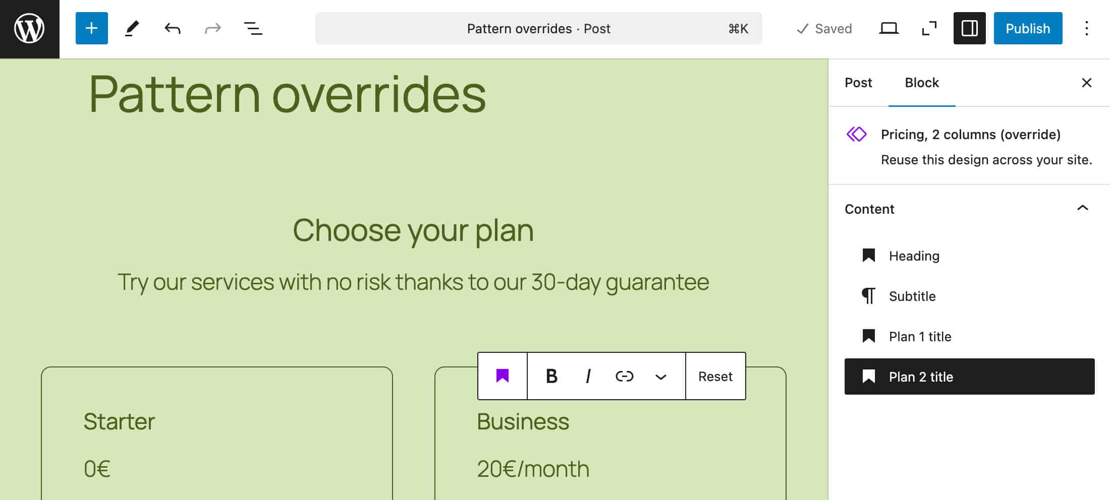 A block pattern with overrides in the post editor