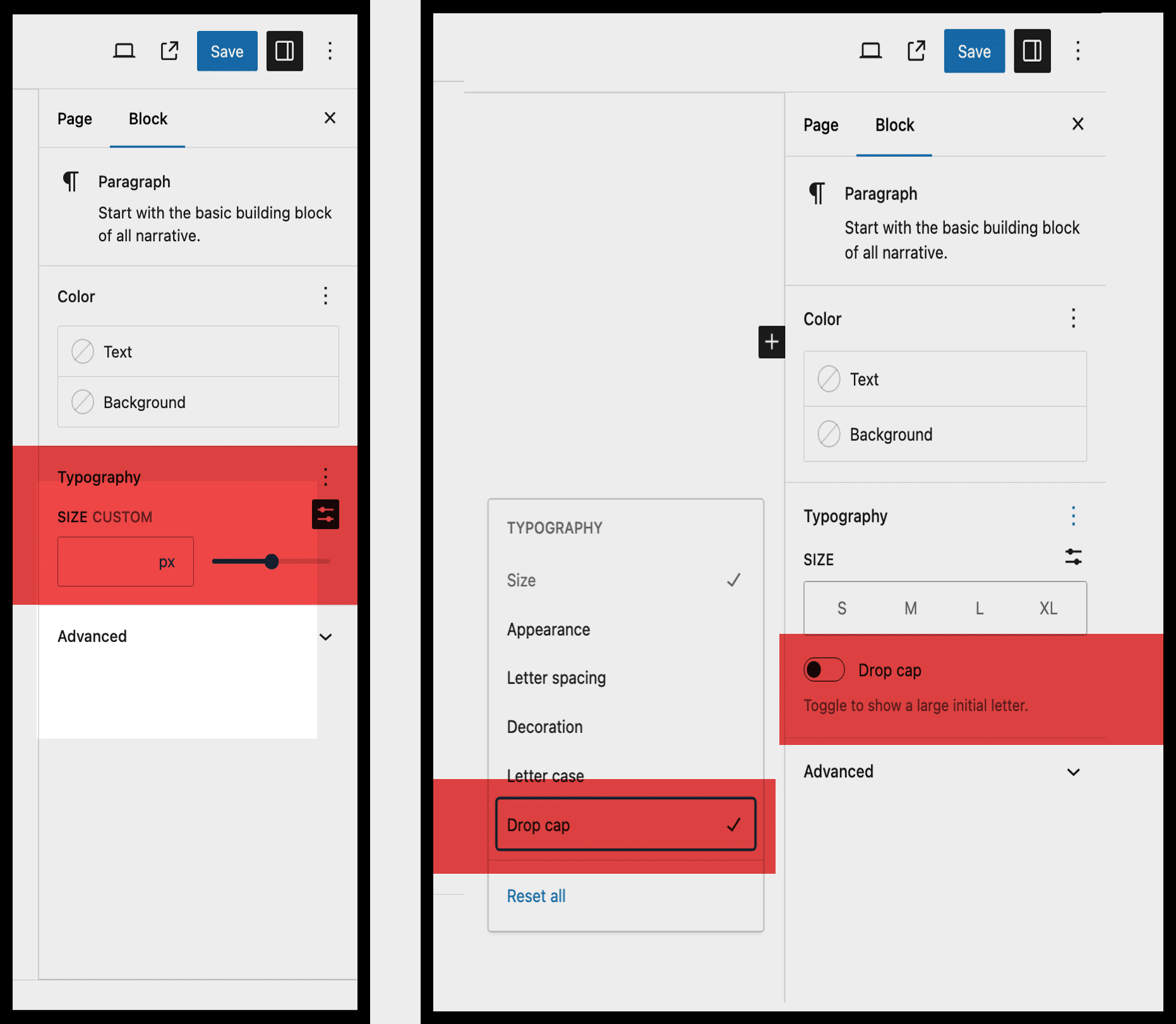 Removing custom font size options and DropCap