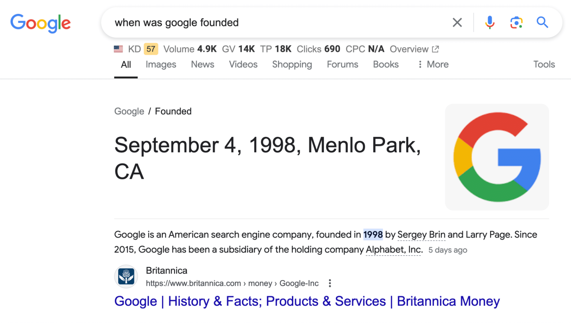 Google Answer Box for the keyword “when was google founded”