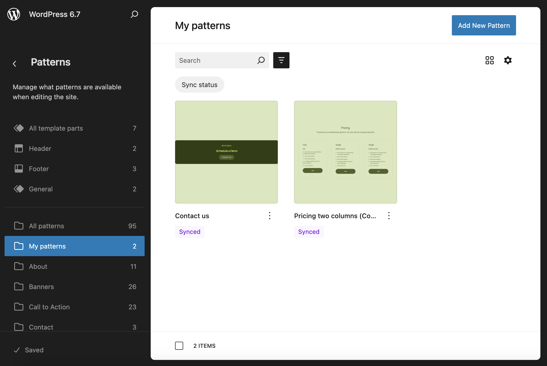 Custom patterns in the Site editor