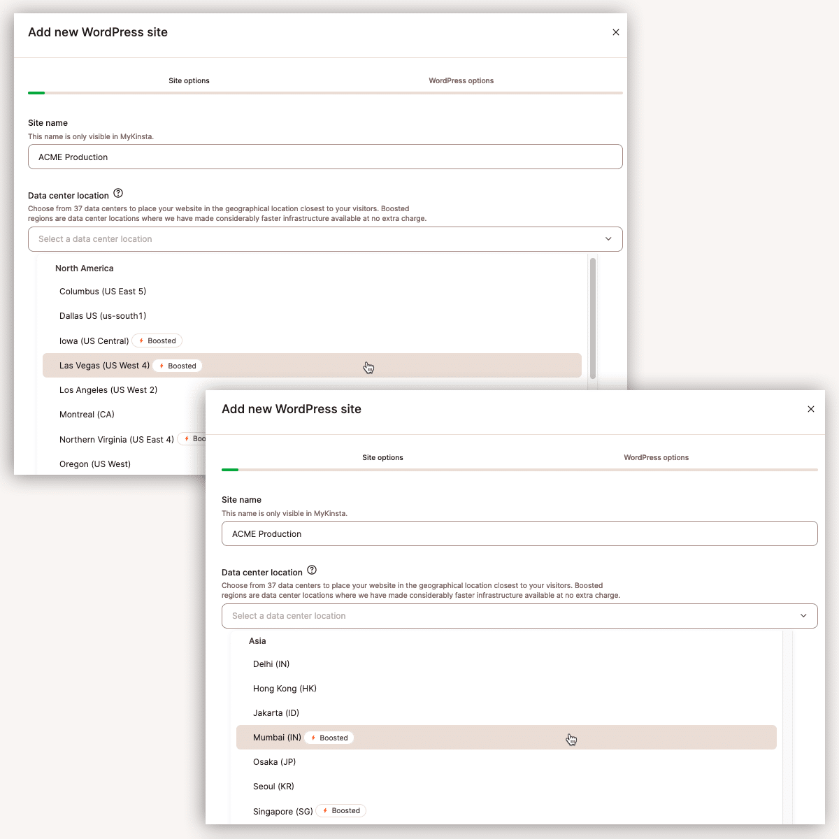 Valg af datacenterplacering i Kinsta. C3D-drevne steder er markeret som "Boostet".