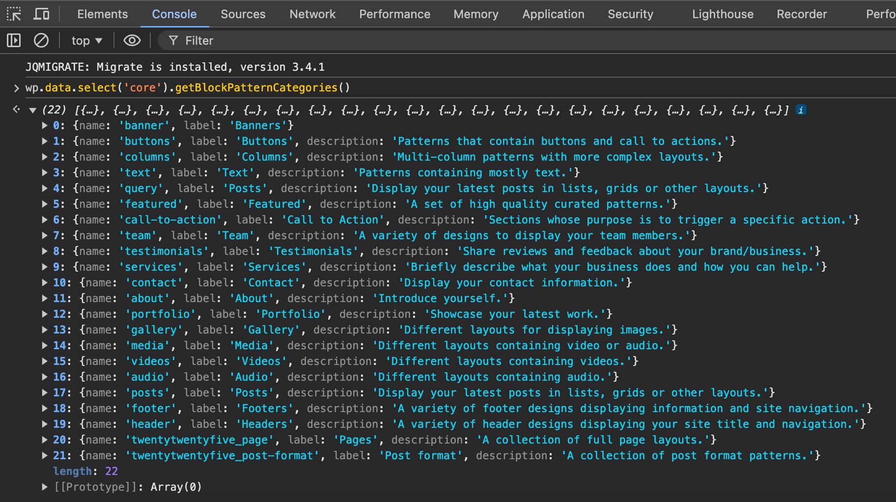 Pattern categories in WordPress 6.7 with Twenty Twenty-Five theme