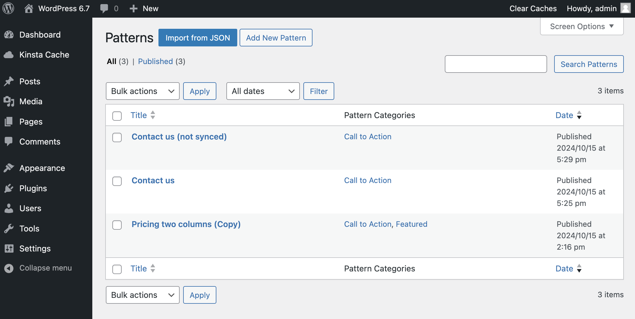 Patterns admin screen