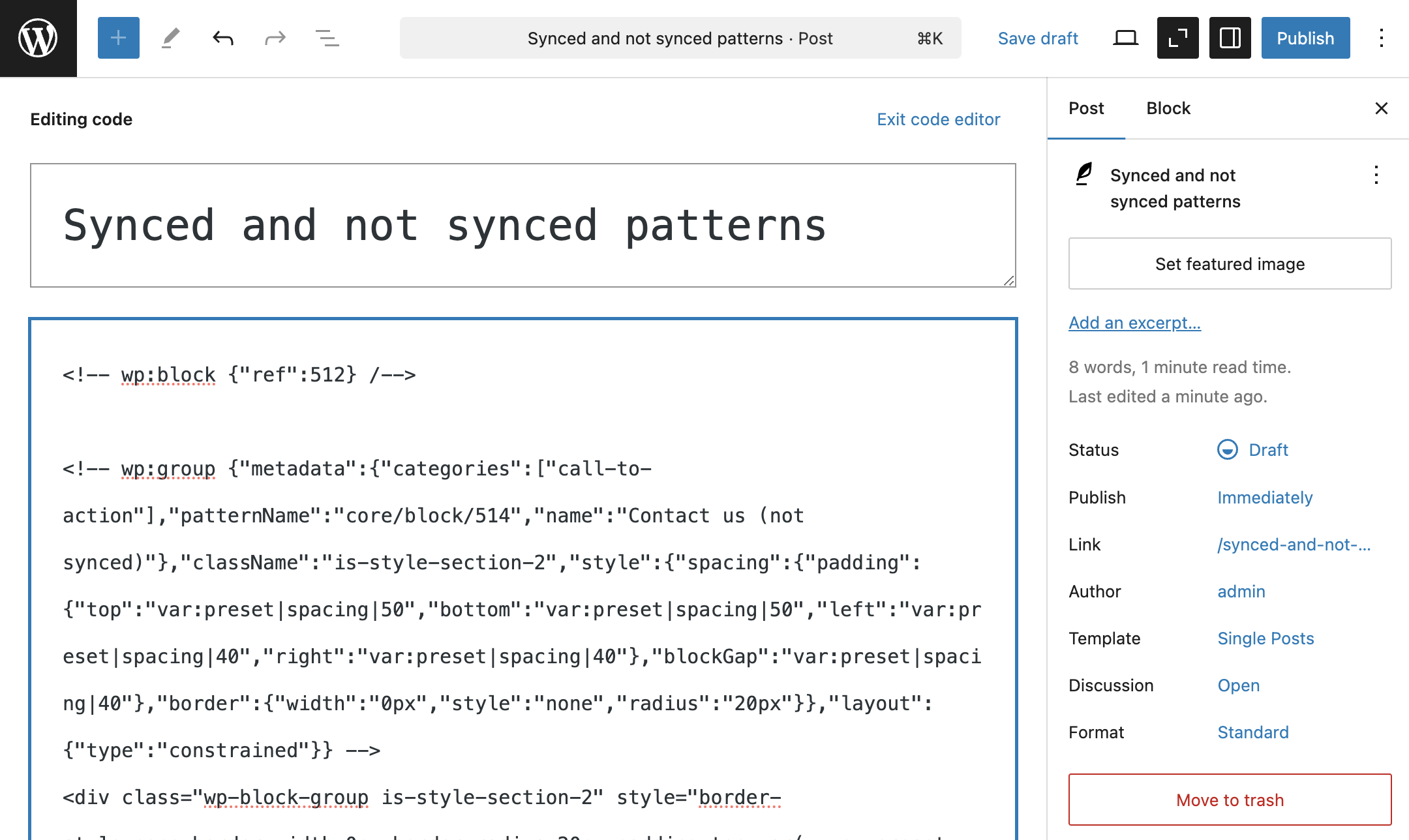 Two different block patterns compared in the code editor